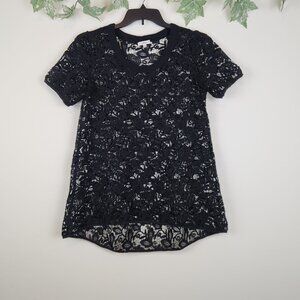 Wilfred Aritzia Size S Floral Black Lace Sheer Goth Short Sleeve High Low Top